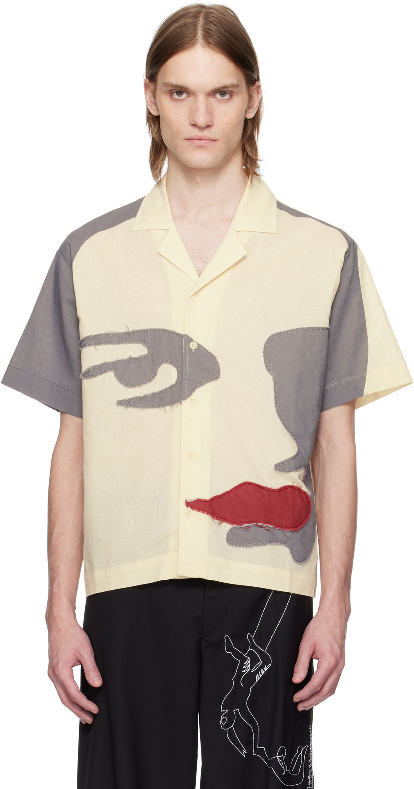 Skjorta KidSuper KidSuper Patchwork Face Linen Camp Shirt Gul | SS25-SST-01