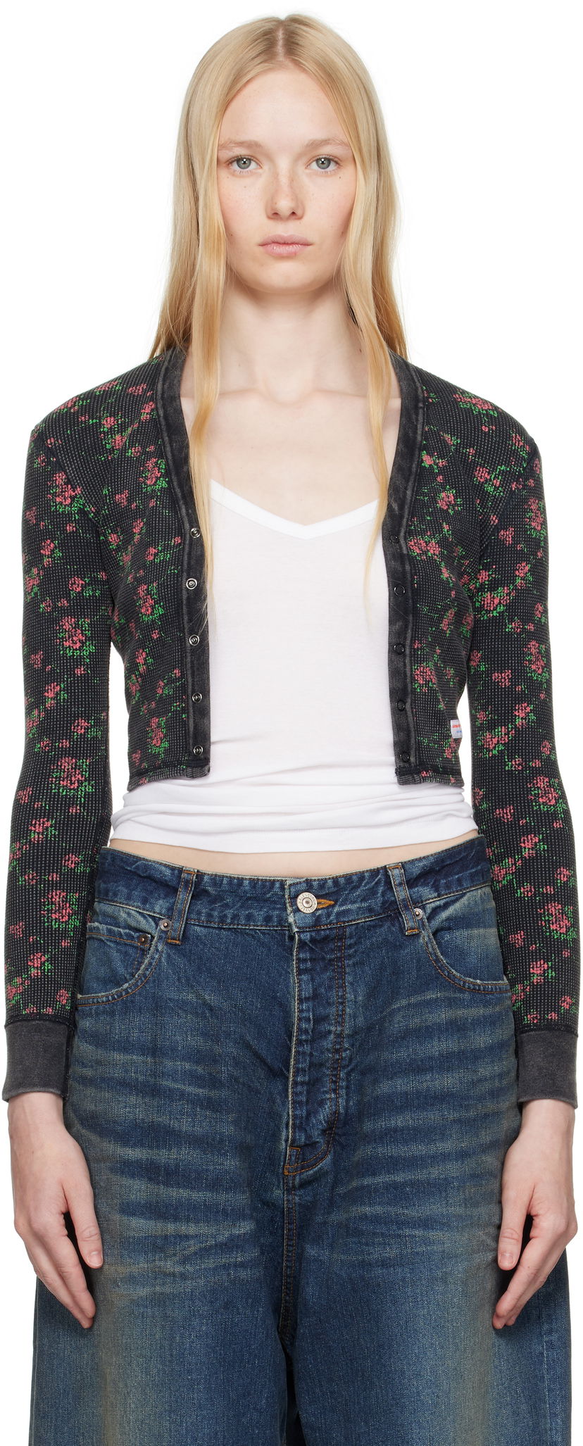 Sweater Alexander Wang Alexander Wang Floral-Print Waffle Knit Cropped Cardigan Svart | 8C4245810P